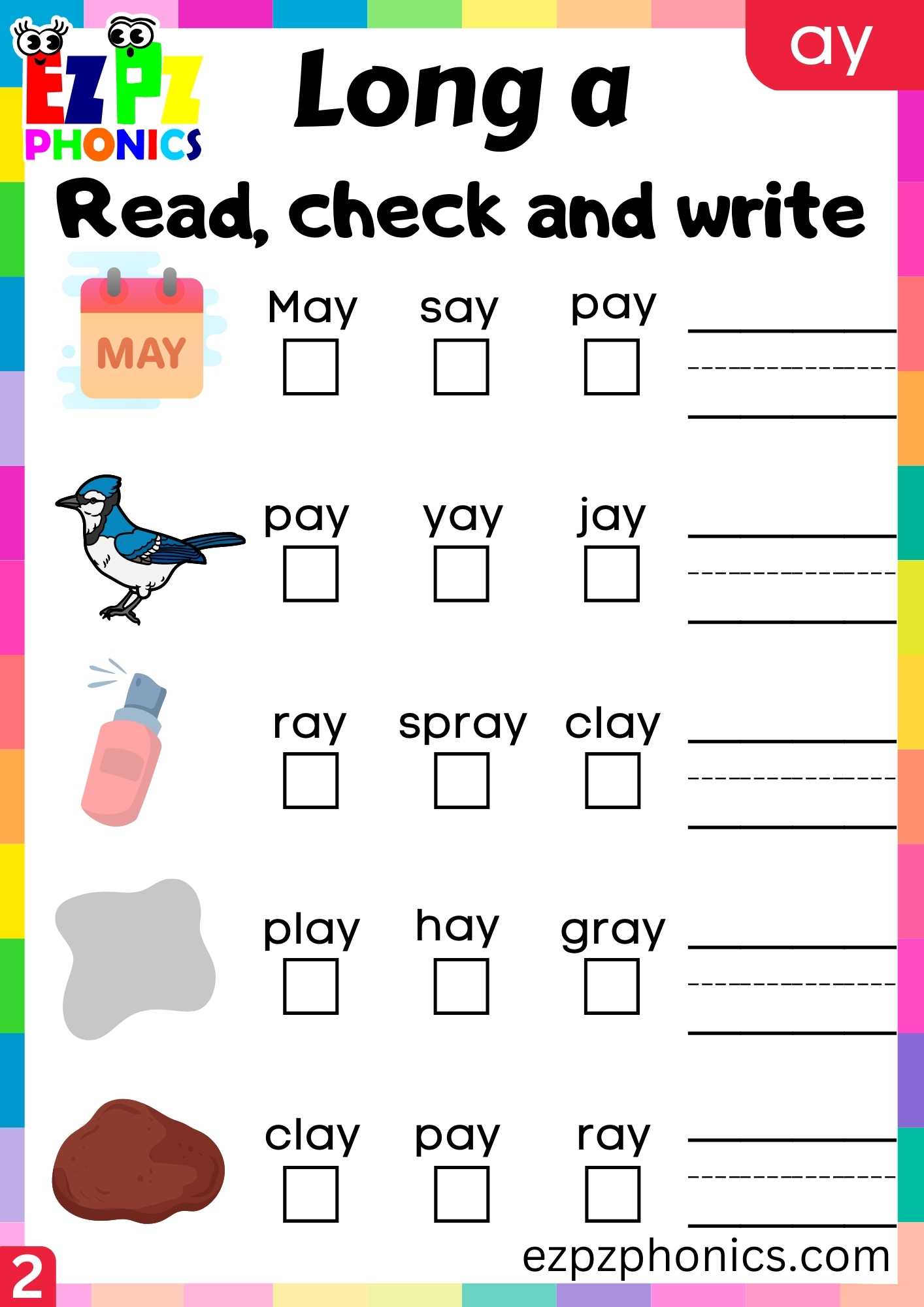 Group2 AY Words Read, Check And Write Long A Phonics Worksheet